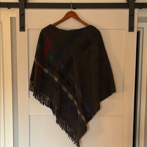 Plaid Fringe Poncho - Dark Gray